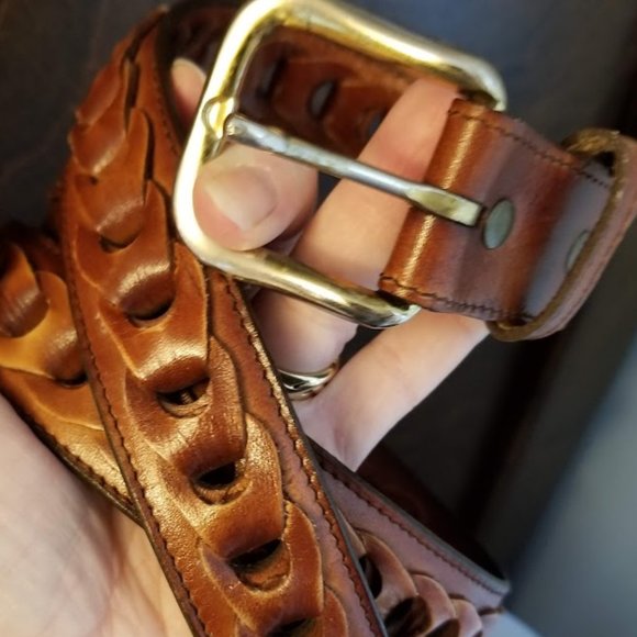Brown Leather Woven Braided Belt, Men's Size 42, Unisex - Picture 4 of 6